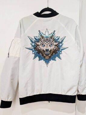Bibi Sama White Bomber Jacket With Embroidered Wolf/Dog
